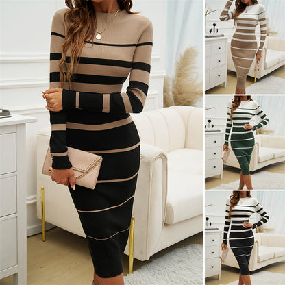 Striped knit ribbed sweater dress with long sleeves 3124