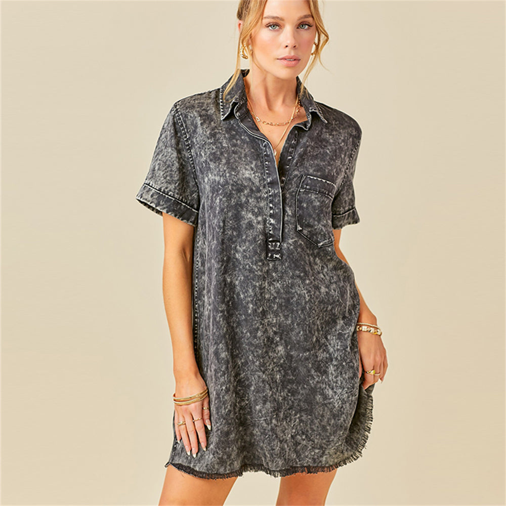 Pocket patch lightweight denim shirt dress with frayed hem 3112