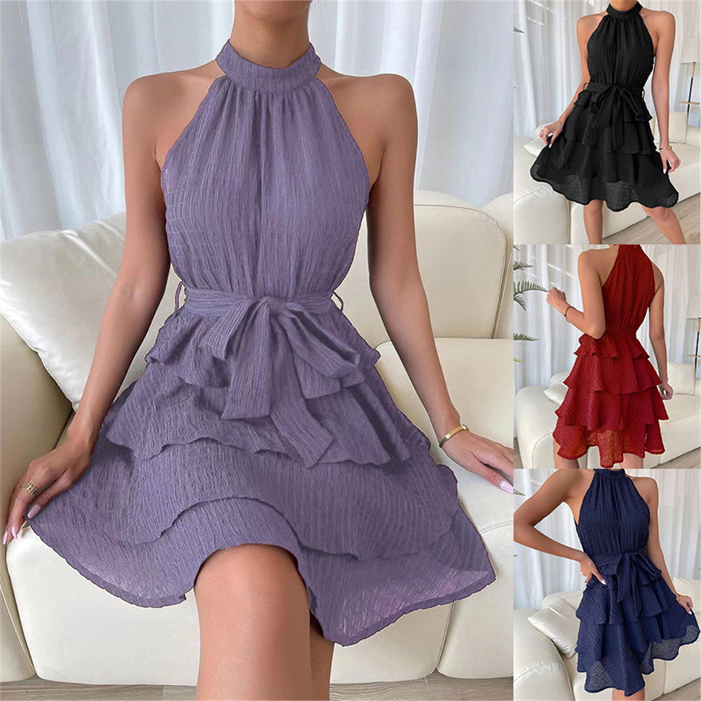 Halter neck bow tie waist ruffle sleeveless mini dress 3096