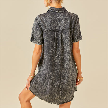 Pocket patch lightweight denim shirt dress with frayed hem 3112