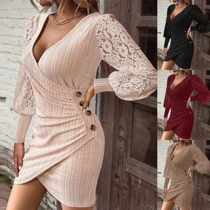 Buttoned v-neck ribbed knit mini dress with lace sleeves 3116