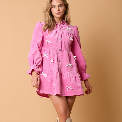 Bow-tied lantern sleeve Button-front mini dress 3111