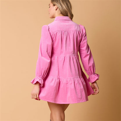 Bow-tied lantern sleeve Button-front mini dress 3111