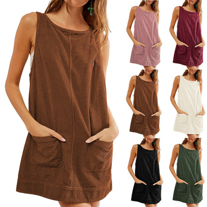 Pocketed A-line backless corduroy sleeveless mini dress 3110