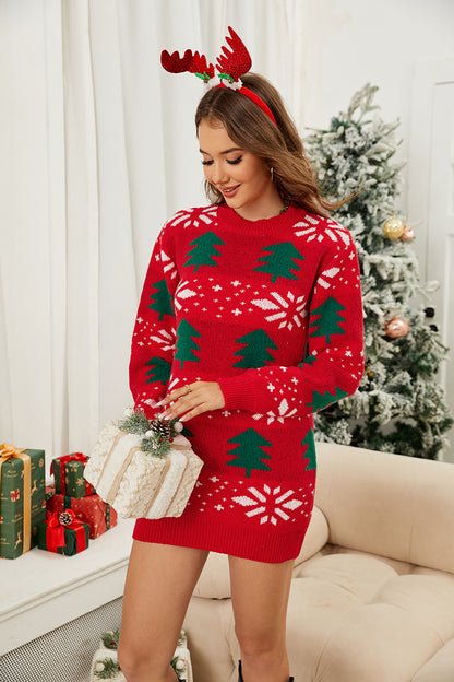 Christmas tree snowflake pattern knitwear sweater dress 3119