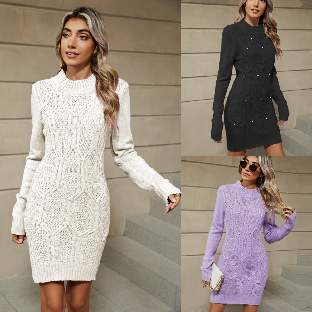 Pearl-embellished cable knit sweater pullover dress 3117