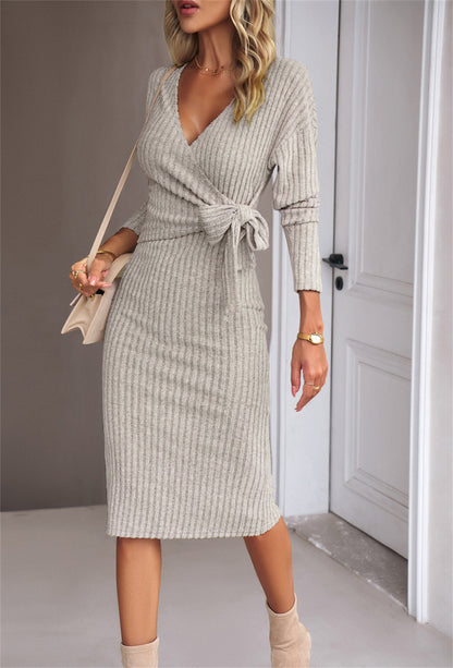 Ribbed knit wrap midi dress with tie waist 3109