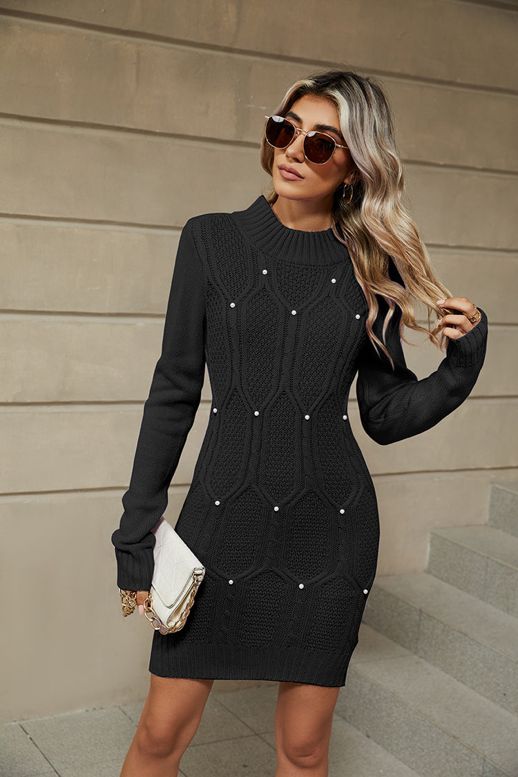 Pearl-embellished cable knit sweater pullover dress 3117