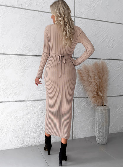 Slim fit ribbed knit long sleeve Bodycon midi sweater dress 3125