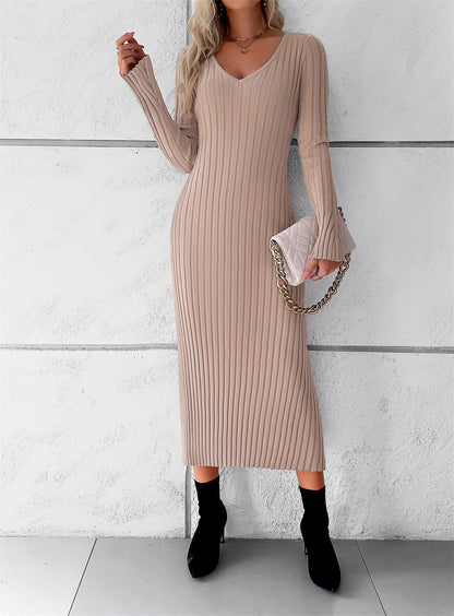 Slim fit ribbed knit long sleeve Bodycon midi sweater dress 3125