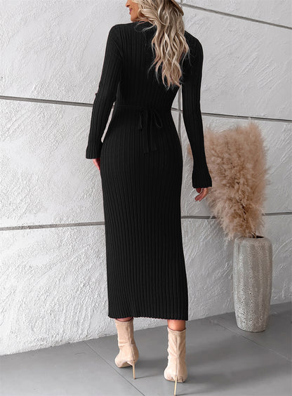 Slim fit ribbed knit long sleeve Bodycon midi sweater dress 3125