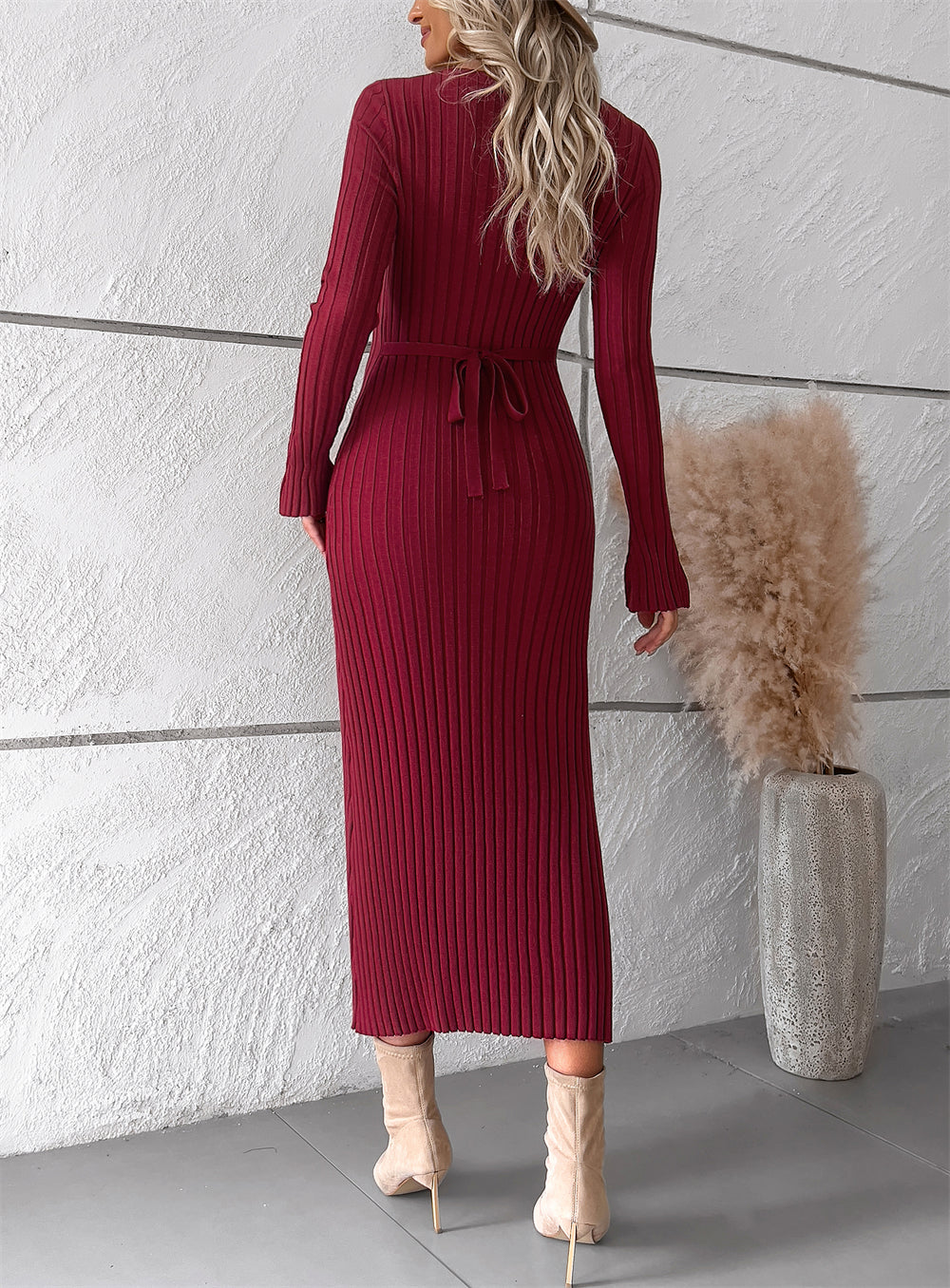 Slim fit ribbed knit long sleeve Bodycon midi sweater dress 3125