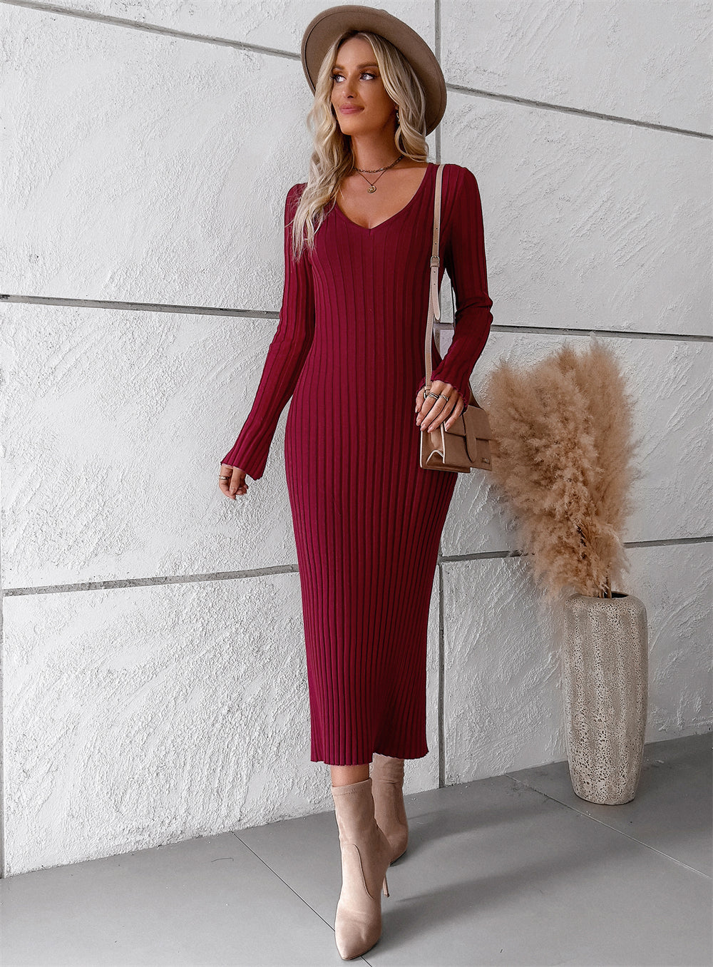 Slim fit ribbed knit long sleeve Bodycon midi sweater dress 3125