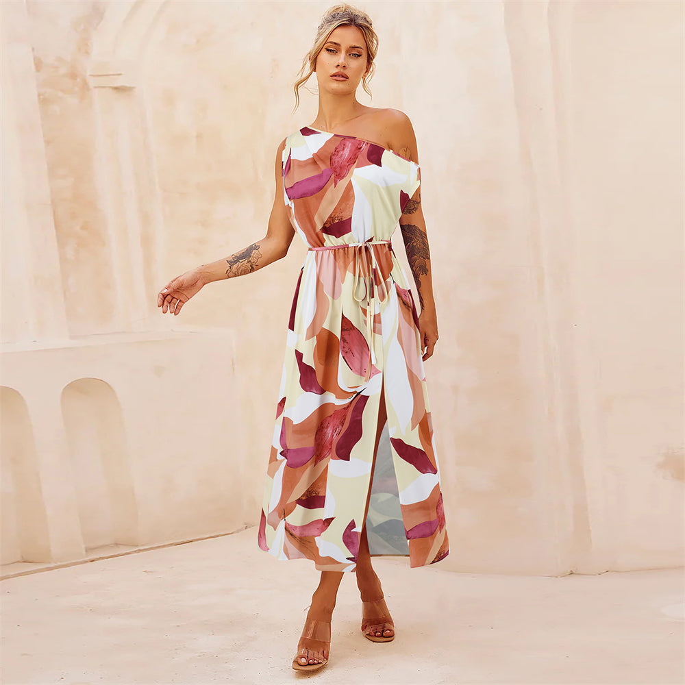 Abstract Print Asymmetrical Dress 3009 Apricot