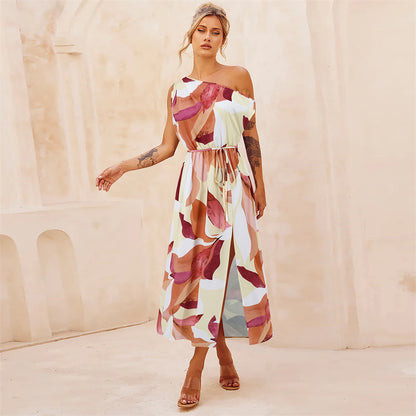 Abstract Print Asymmetrical Dress 3009 Apricot