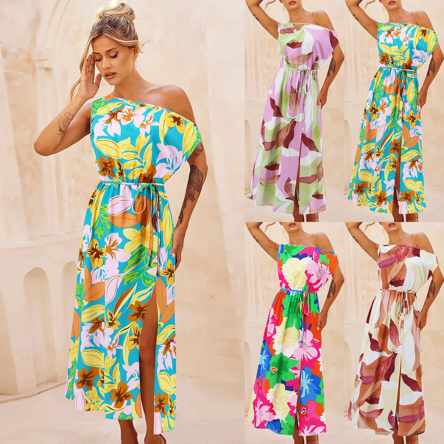 Abstract Print Asymmetrical Dress 3009 Mix Color