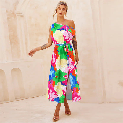 Abstract Print Asymmetrical Dress 3009 Rose red