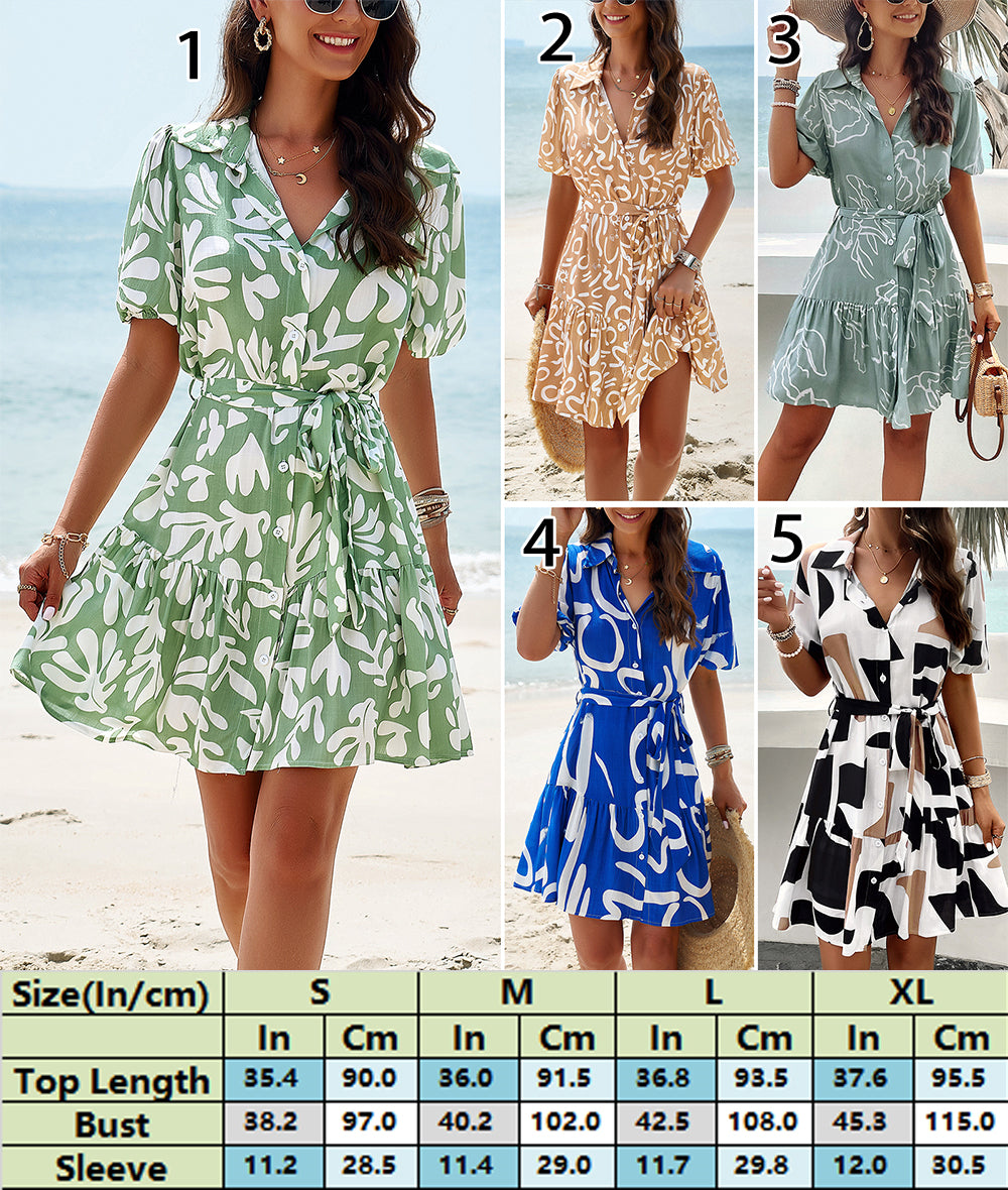 Abstract Print Belted Mini Shirt Dress 2811