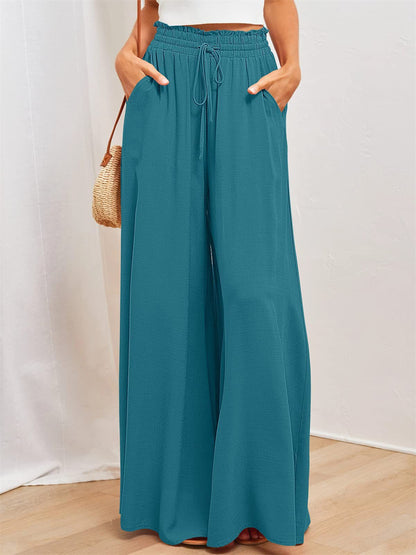 Artistic Botanical Wide-Leg Pants for Leisure Days 3040 Peacock Blue