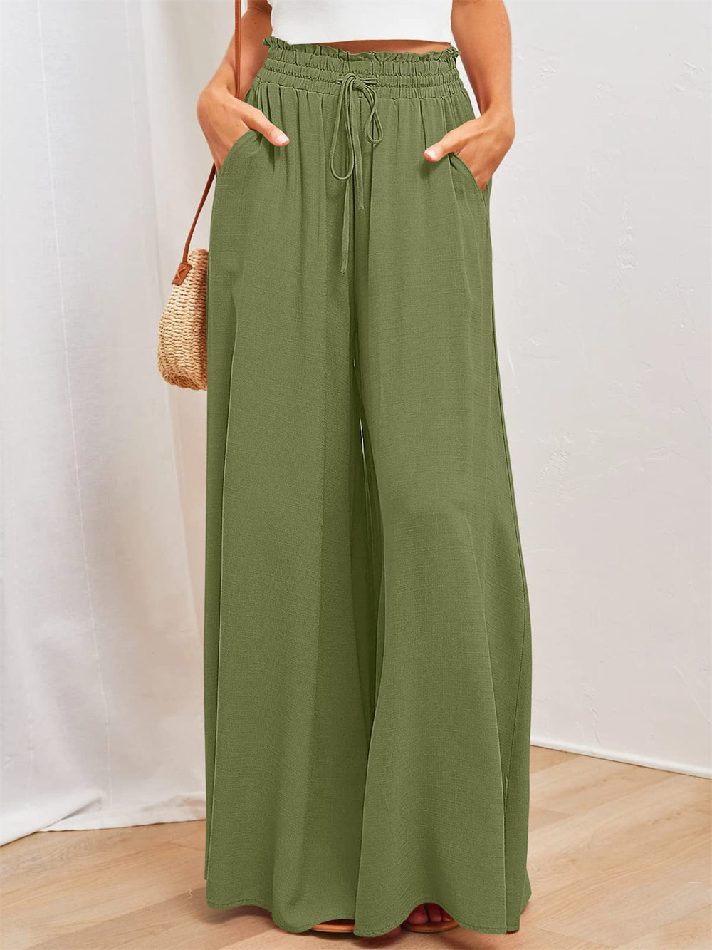 Artistic Botanical Wide-Leg Pants for Leisure Days 3040 Military Green