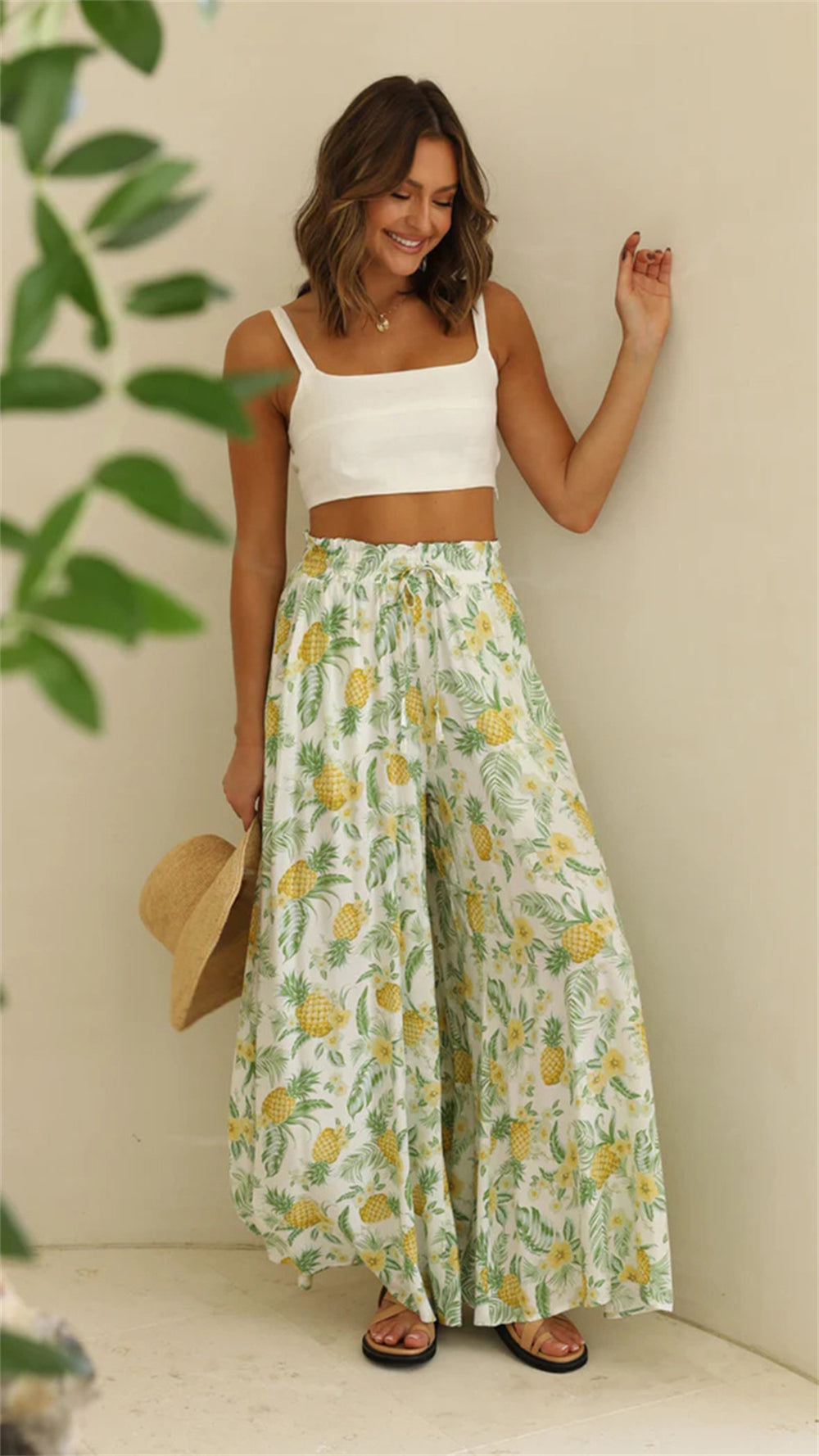 Artistic Botanical Wide-Leg Pants for Leisure Days 3040 Yellow Printing