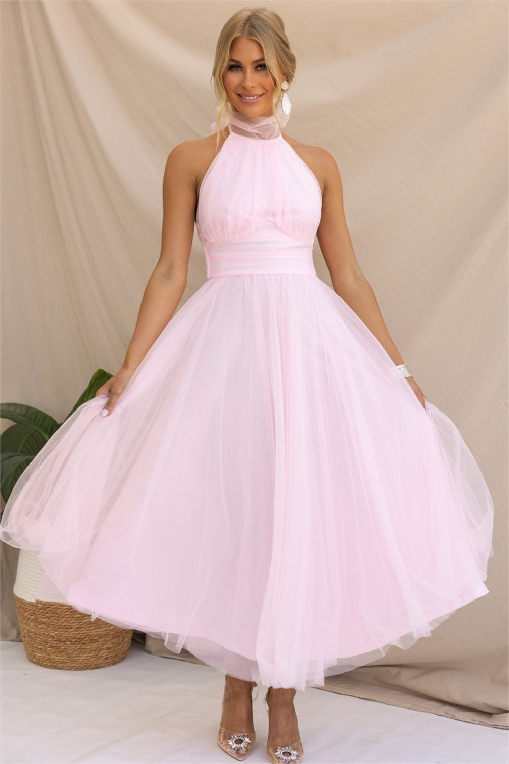 Back Bow Dress Tie Full-Length Tulle Dress 3002 Pink