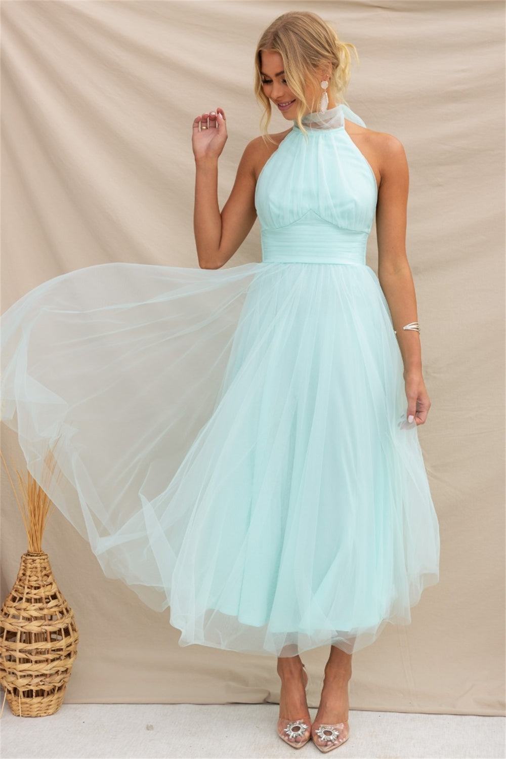 Back Bow Dress Tie Full-Length Tulle Dress 3002 Blue