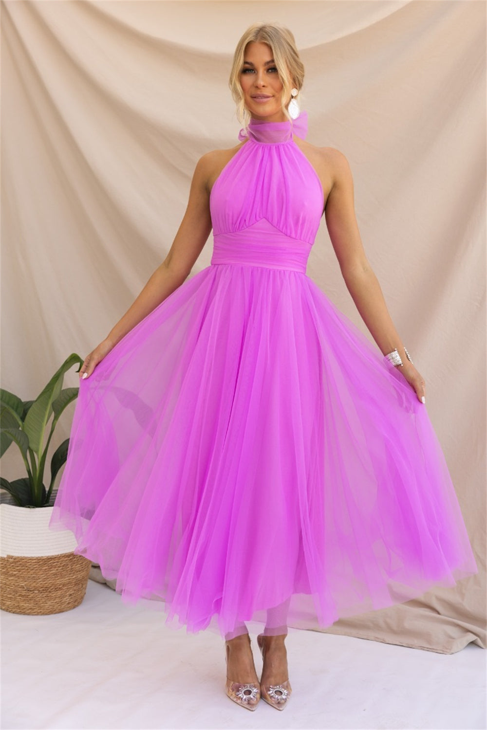 Back Bow Dress Tie Full-Length Tulle Dress 3002 Purple