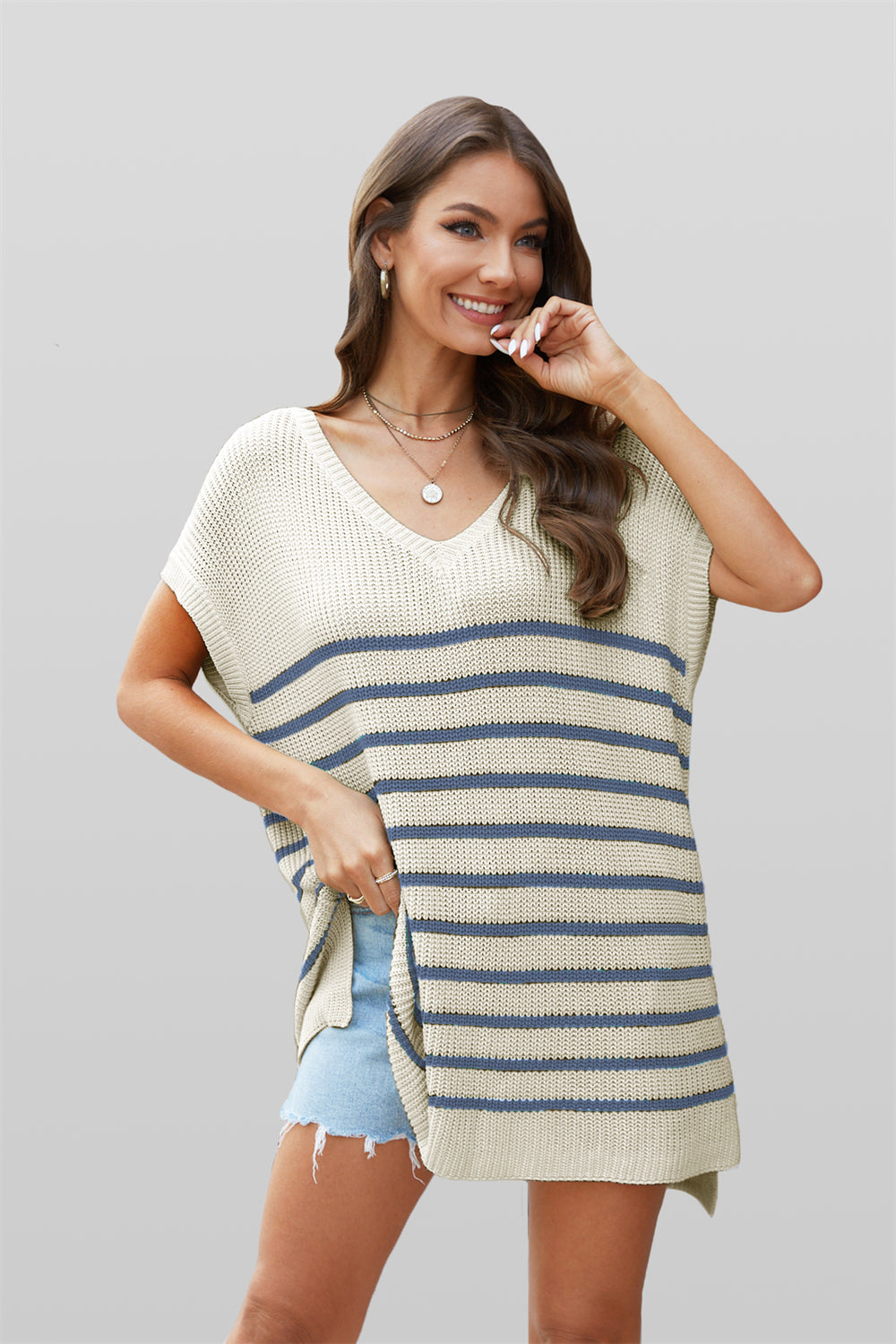 Beachside Stripes Oversized Knit Pullover 2789 Apricot+Blue