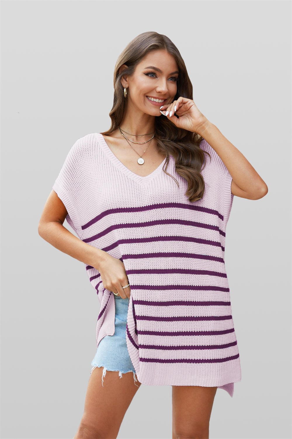 Beachside Stripes Oversized Knit Pullover 2789 Purple