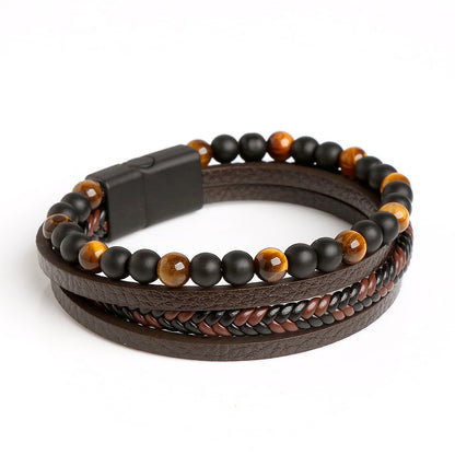 Beaded & Leather Multi-Texture Layered Bracele 2803