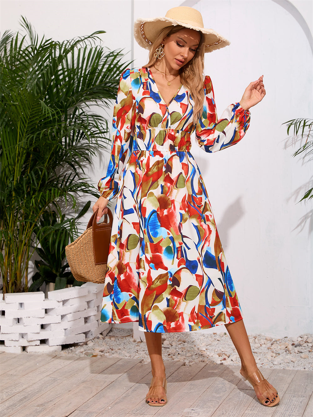 Bohemian Flare Sleeve Flower Pattern Midi Dress 3067