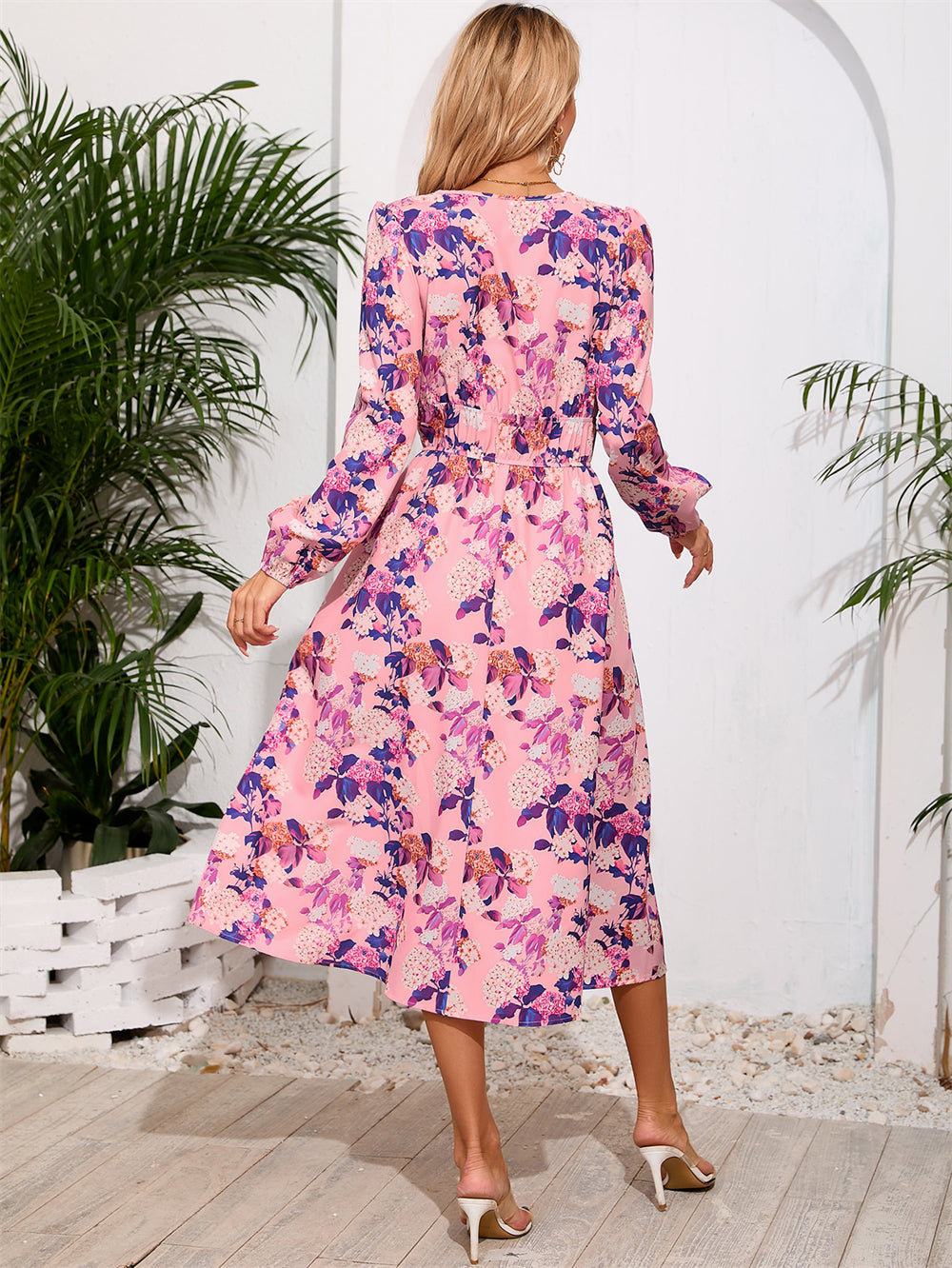 Bohemian Flare Sleeve Flower Pattern Midi Dress 3067