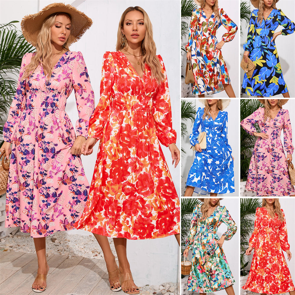 Bohemian Flare Sleeve Flower Pattern Midi Dress 3067