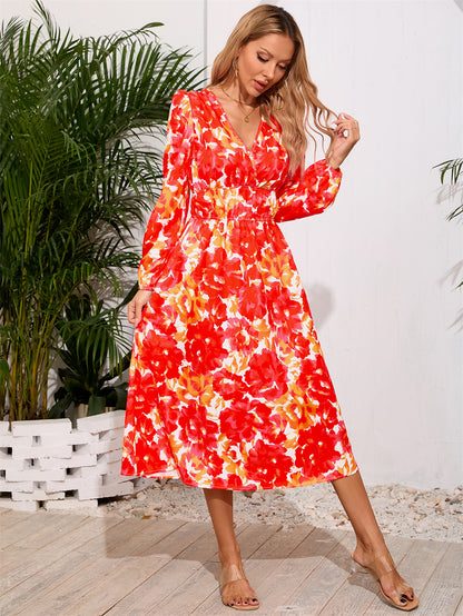 Bohemian Flare Sleeve Flower Pattern Midi Dress 3067