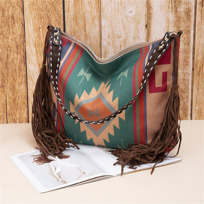 Bohemian Fringe Shoulder Bag with Geometric Patterns 2860