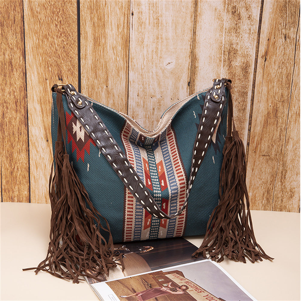 Bohemian Fringe Shoulder Bag with Geometric Patterns 2860