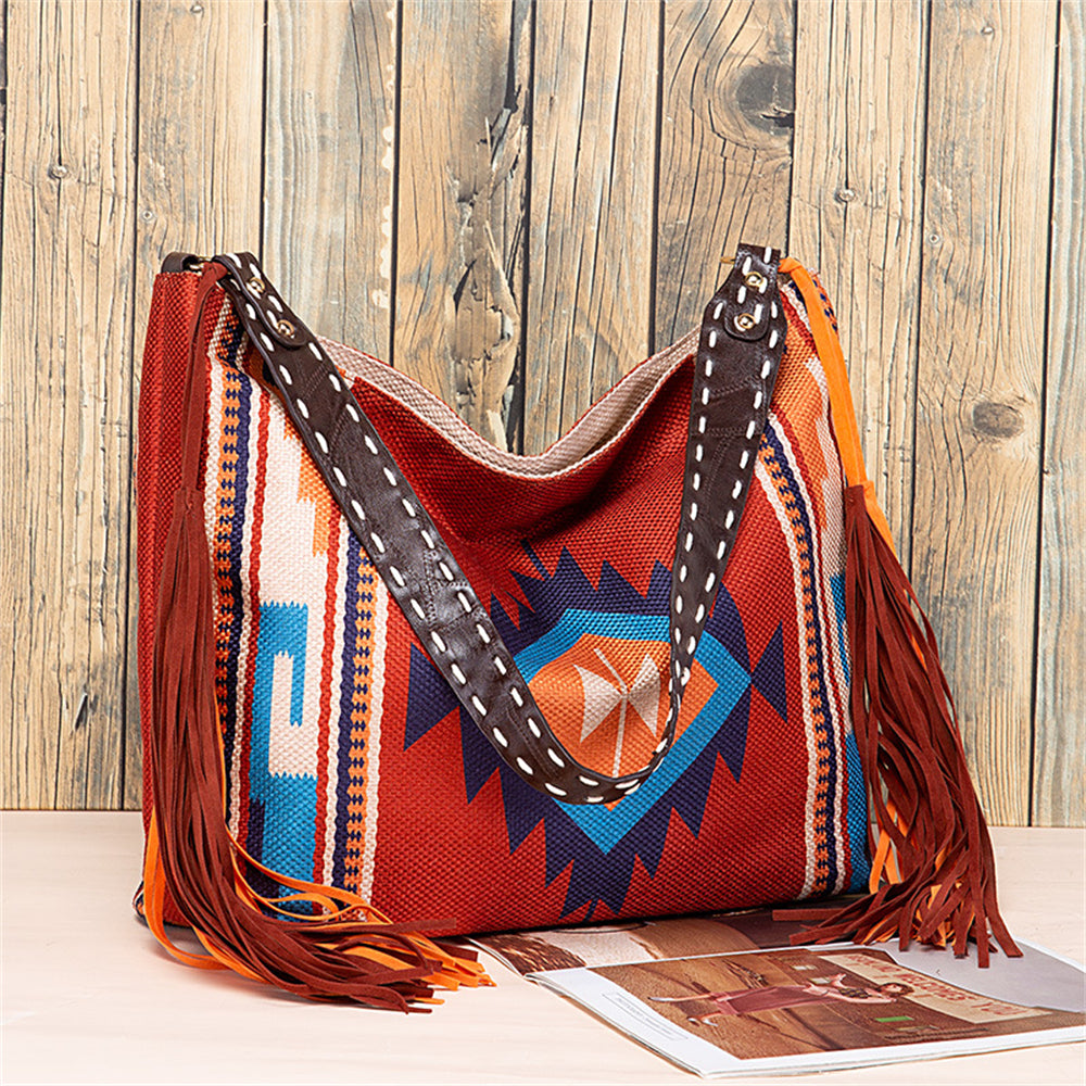 Bohemian Fringe Shoulder Bag with Geometric Patterns 2860