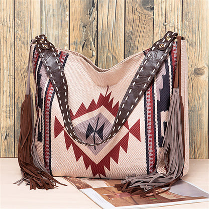 Bohemian Fringe Shoulder Bag with Geometric Patterns 2860