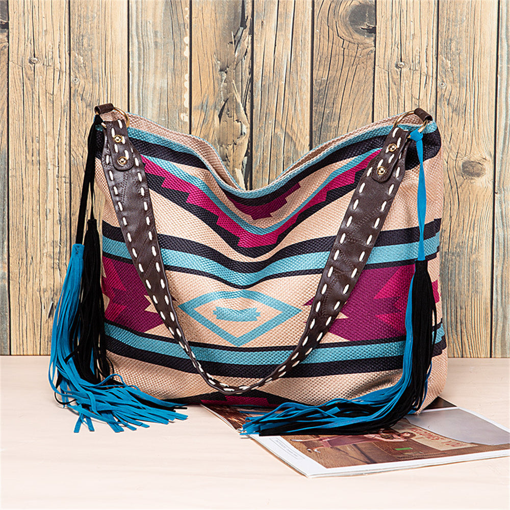 Bohemian Fringe Shoulder Bag with Geometric Patterns 2860