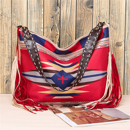 Bohemian Fringe Shoulder Bag with Geometric Patterns 2860