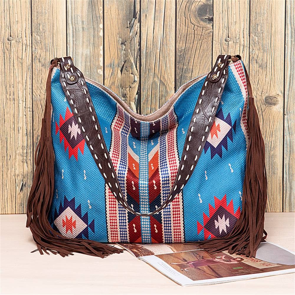 Bohemian Fringe Shoulder Bag with Geometric Patterns 2860