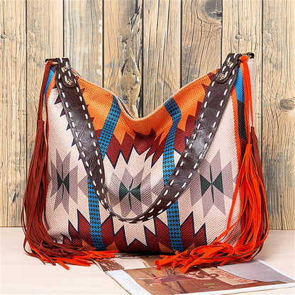 Bohemian Fringe Shoulder Bag with Geometric Patterns 2860