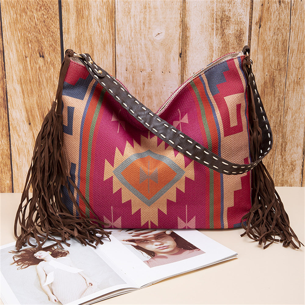 Bohemian Fringe Shoulder Bag with Geometric Patterns 2860