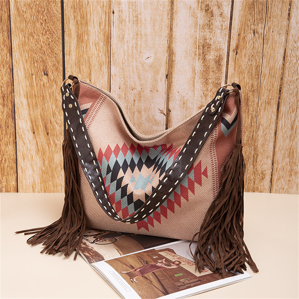 Bohemian Fringe Shoulder Bag with Geometric Patterns 2860