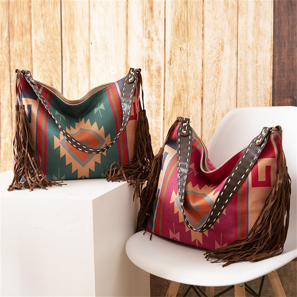 Bohemian Fringe Shoulder Bag with Geometric Patterns 2860