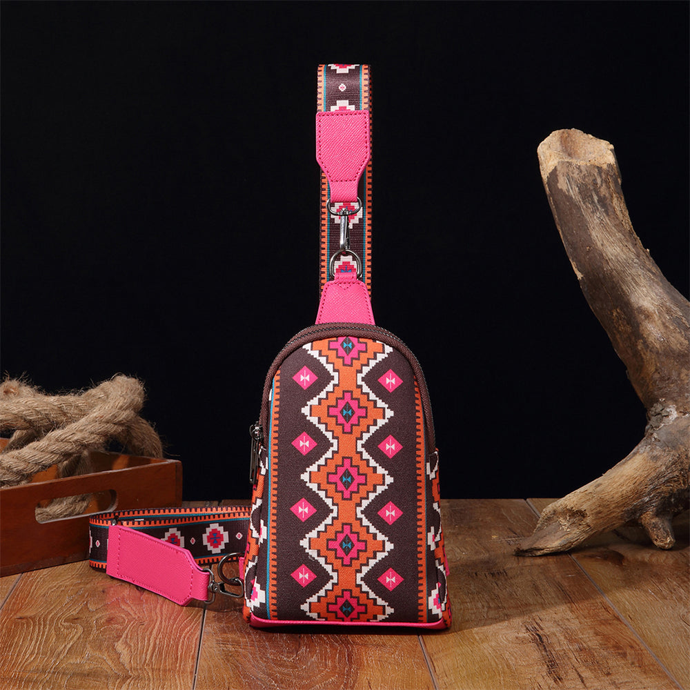 Bohemian Geometric Patterned Crossbody Sling Bag 2797 Rose red