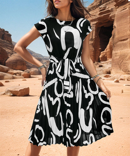 Bohemian-Inspired Dress with Waist Tie 2912 Black+White