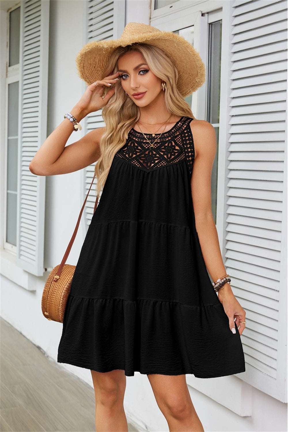 Bohemian Lace-Neckline Sleeveless Ruffle Dress 3054 Black