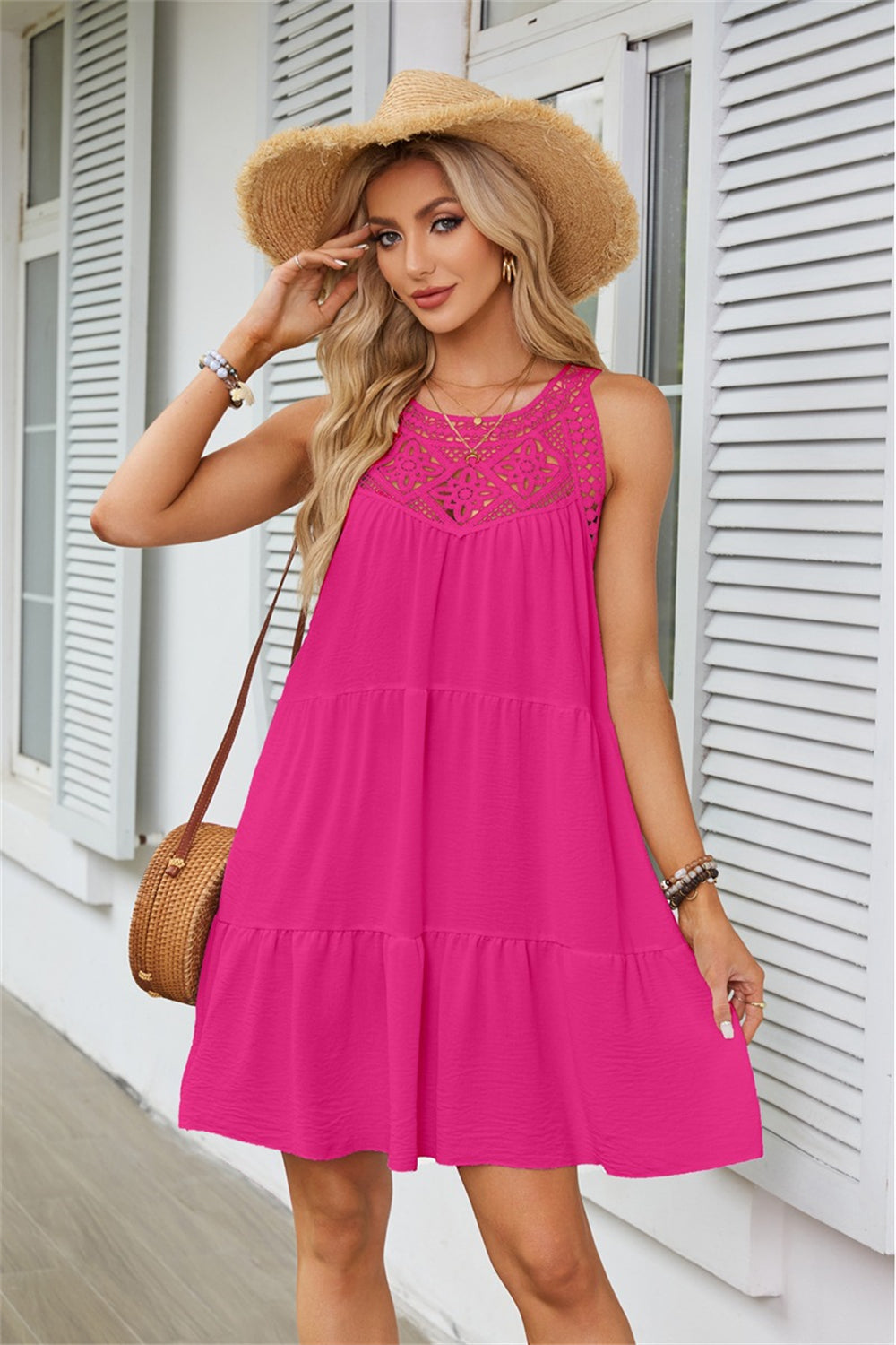 Bohemian Lace-Neckline Sleeveless Ruffle Dress 3054 Pink